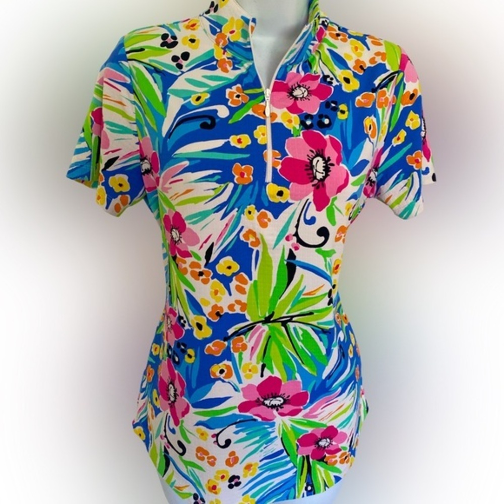 Ibkul UPF50 Quarter Zip Top - S green. Pink floral , nylon spandex